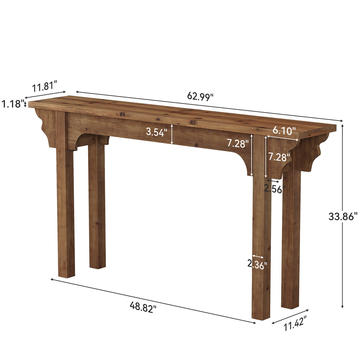 63-Inch Solid Wood Console Table with Unique Side Design, Farmhouse Narrow Sofa Table for Entryway