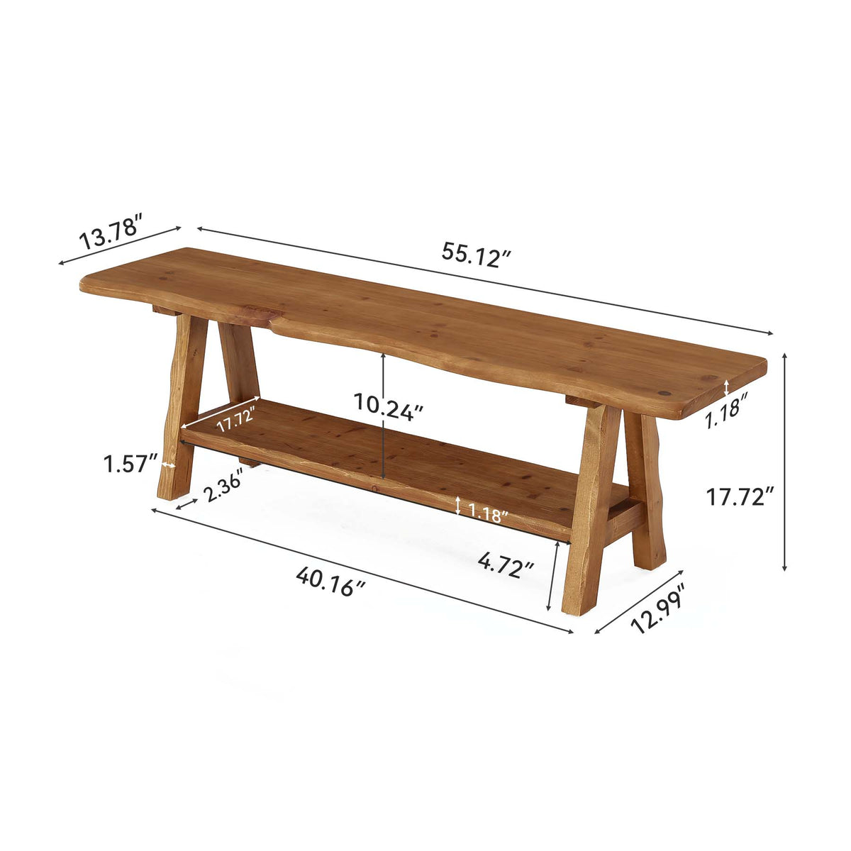 55-Inch Solid Wood Entryway Bench with Live-Edge, 2-Tier Shoe Storage for Bedroom