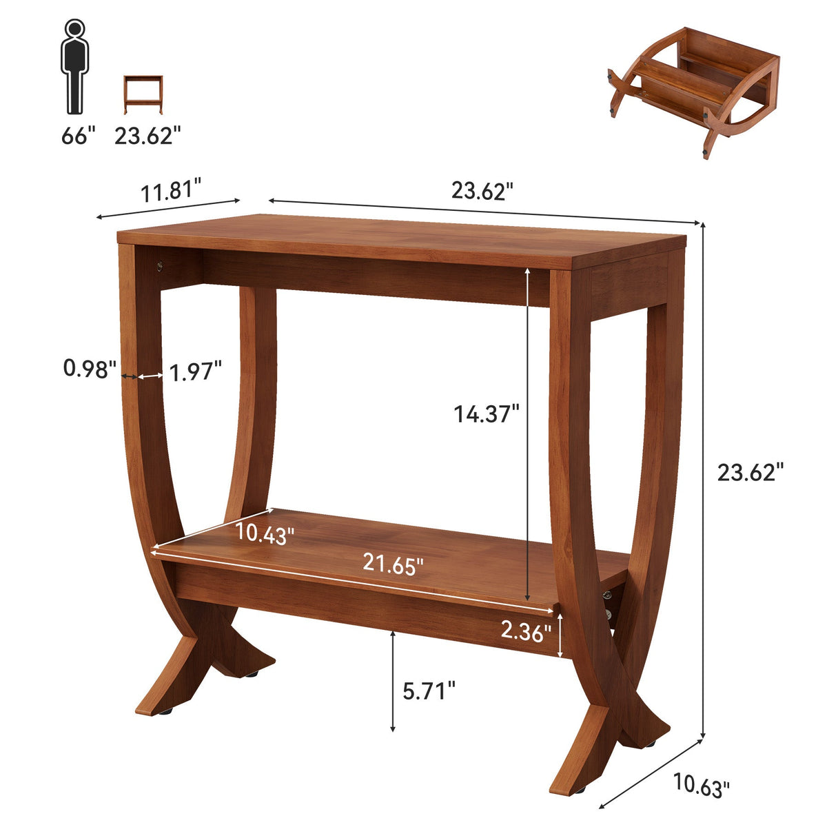 23.62" Small Solid Wood Side Table with Arched Legs, 2-Tier End Table for Sofa Side