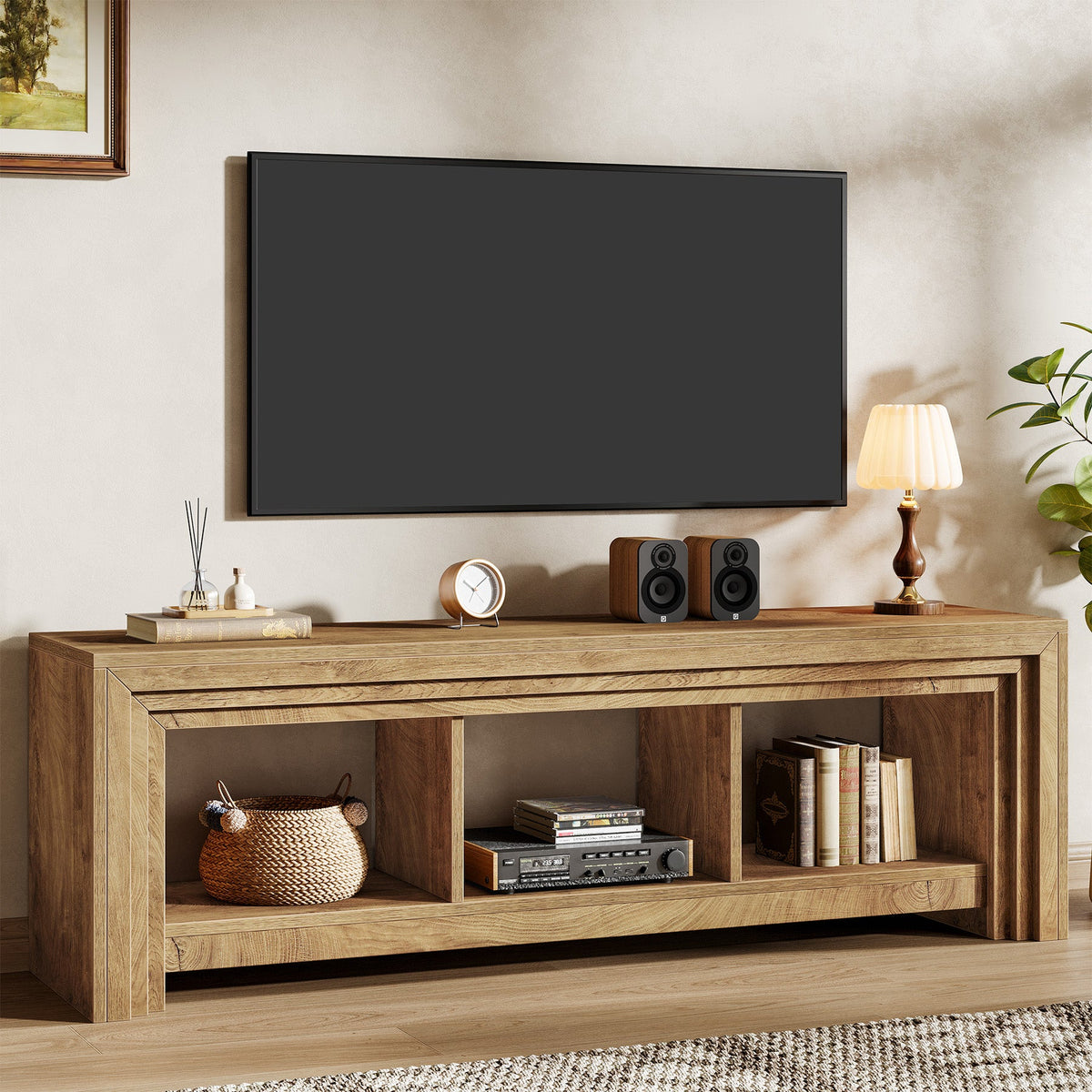 63-Inch Farmhouse TV Stand, Oak Media Console with Open Storage for Living Room