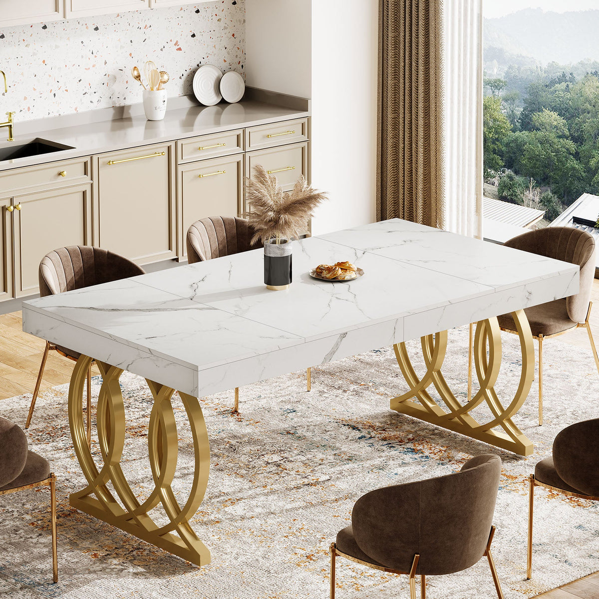 63-Inch Modern Dining Table for 4-6 People, Faux Marble Kitchen Table with Gold Legs