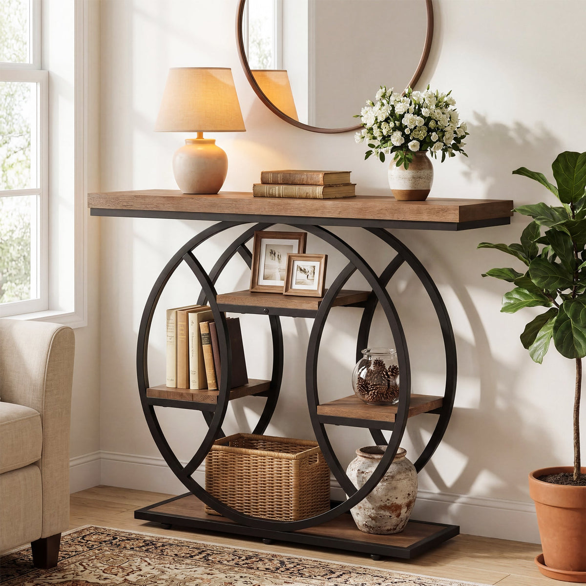 41.3" Industrial Console Table with 4-Tier Storage, Entryway Sofa Table for Hallway Living Room Entrance