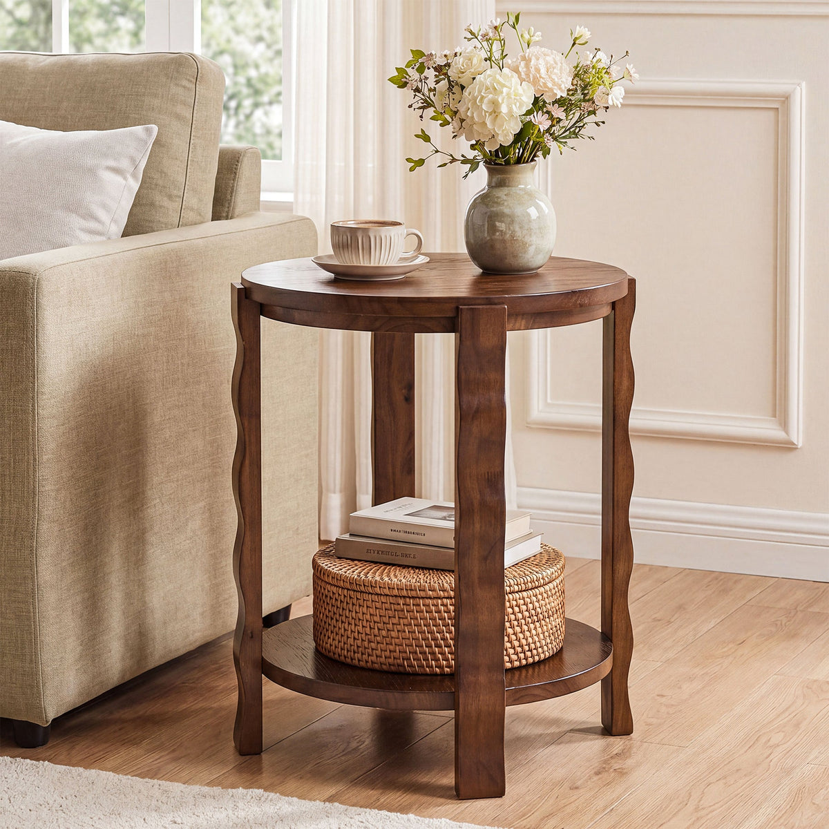 19.69-Inch Round Side Table with 2-Tier Storage, Solid Wood End Table for Living Room