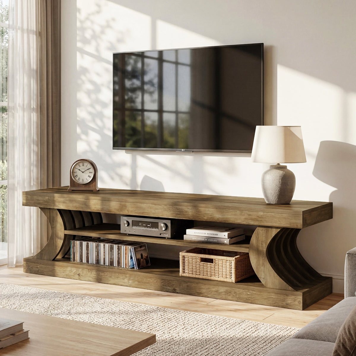 63-Inch Farmhouse TV Stand with 3-Tier Storage, Curved Media Console for Living Room
