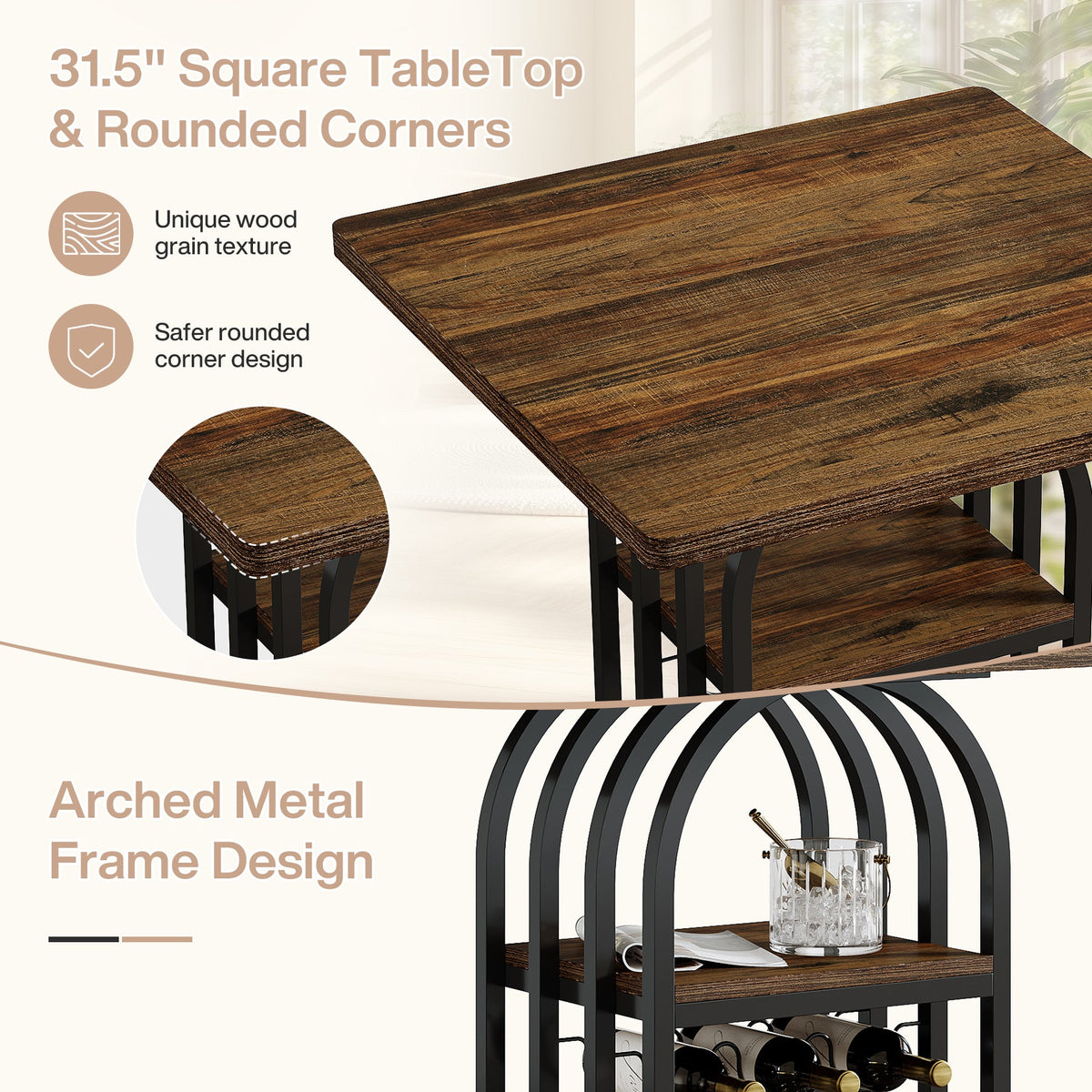 35.43-Inch Square Bistro Pub Table with Wine Rack, Home Bar Table for Kitchen and Living Room