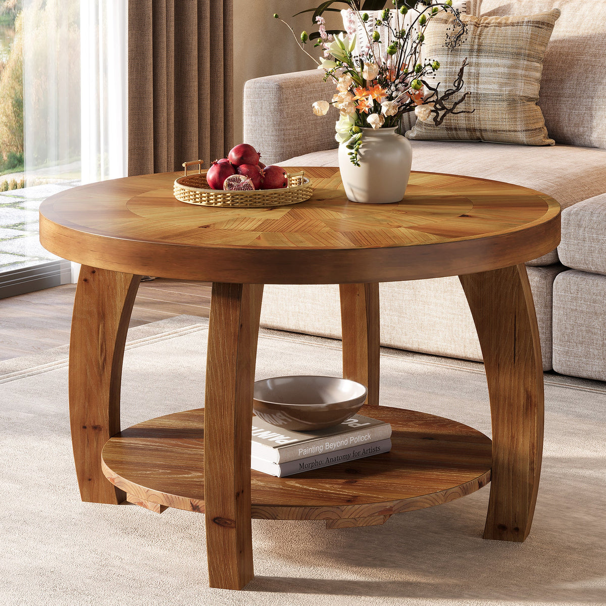 31.5-Inch Solid Wood Round Coffee Table, 2-Tier Center Table with Mosaic Pattern and Storage
