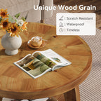 31.5-Inch Solid Wood Round Coffee Table, 2-Tier Center Table with Mosaic Pattern and Storage
