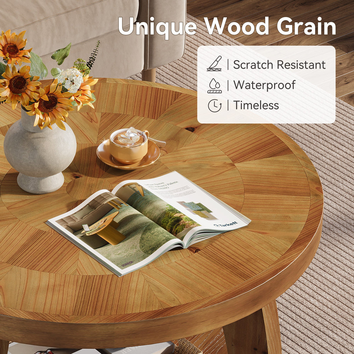 31.5-Inch Solid Wood Round Coffee Table, 2-Tier Center Table with Mosaic Pattern and Storage