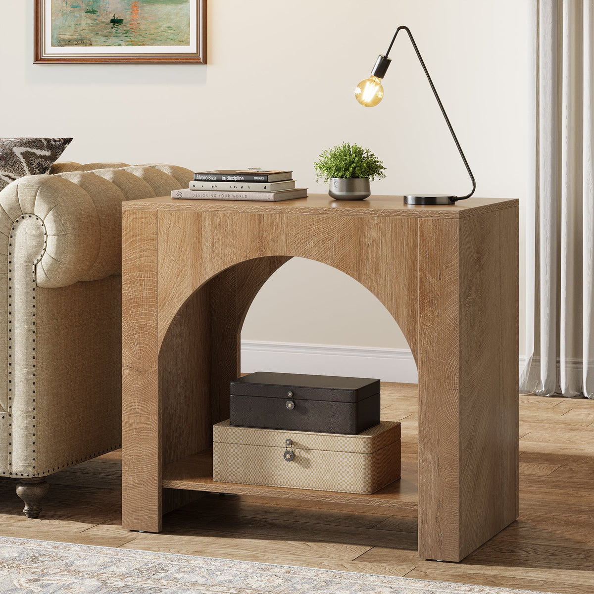 27.6 Inch Farmhouse Side Table with Storage, Large Wooden End Table with Cabinet Shelf for Living Room