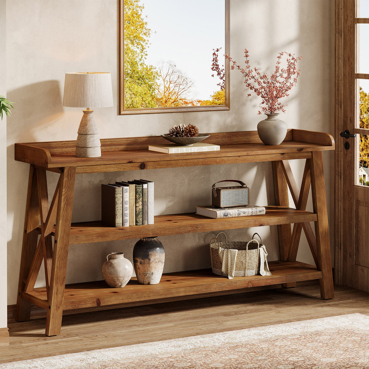 63-Inch Solid Wood Console Table with X-Frame, 3-Tier Hallway Table for Living Room