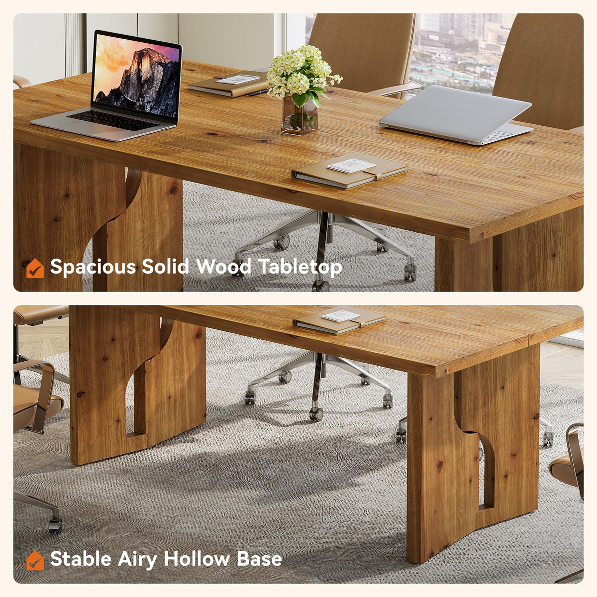 63-Inch Solid Wood Executive Desk with Cutout Bases, Large Office Desk for Home Office