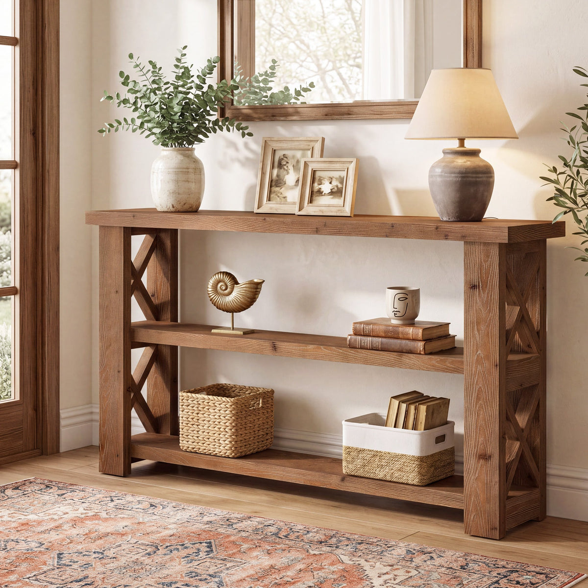 63 Inch Solid Wood Console Table with X-Frame, 3-Tier Hallway Table for Living Room