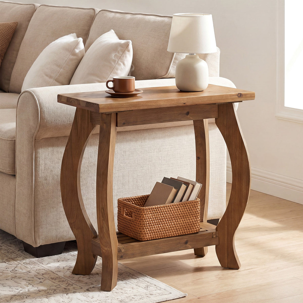 23.6 Inch Narrow Side Table with Curved Legs, Solid Wood End Table for Small Spaces