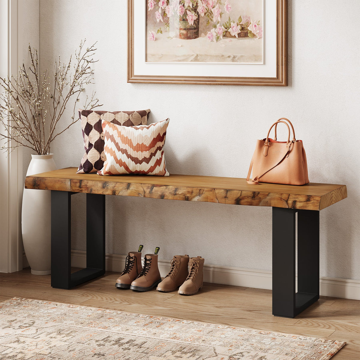 47.24-Inch Industrial Entryway Bench with Solid Wood Seat, Narrow Shoe Bench for Bedroom and Hallway