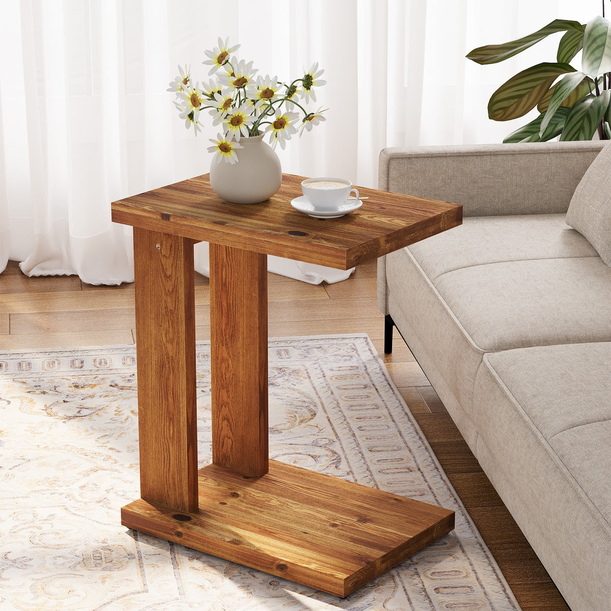 23.6" C-Shaped End Table, Solid Wood 2-Tier Side Table for Sofa and Living Room