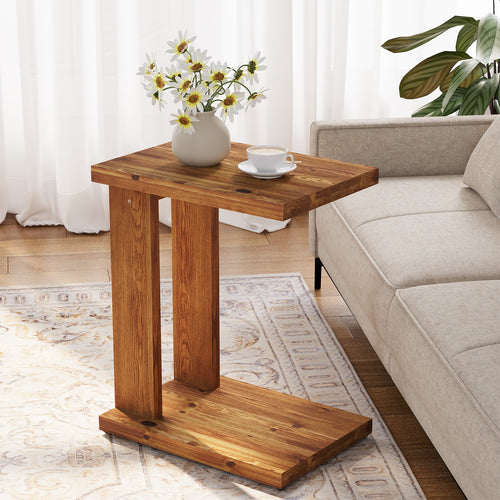 23.6" C-Shaped End Table, Solid Wood 2-Tier Side Table for Sofa and Living Room