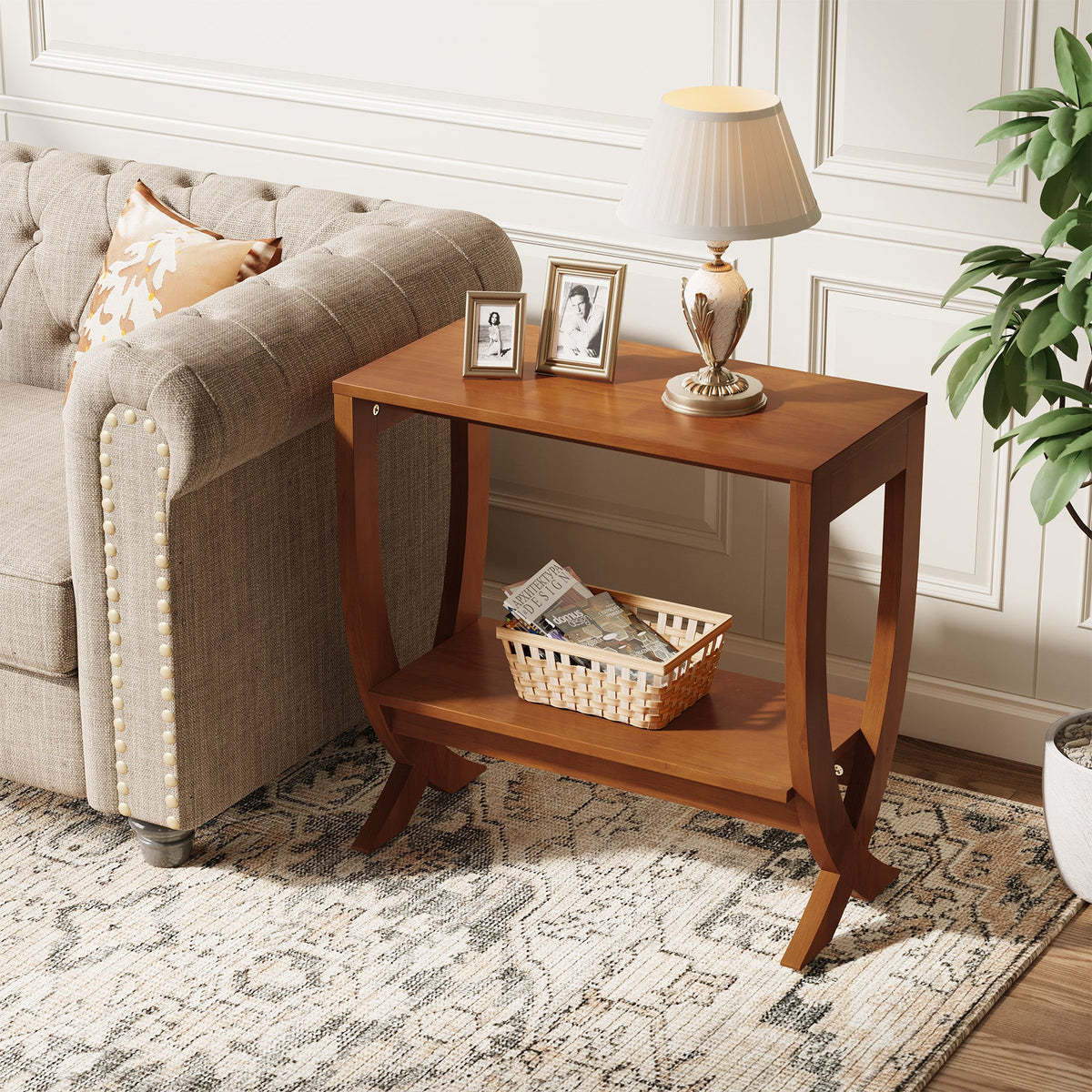 23.62" Small Solid Wood Side Table with Arched Legs, 2-Tier End Table for Sofa Side