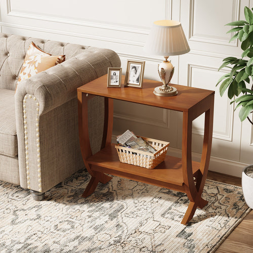 23.62" Small Solid Wood Side Table with Arched Legs, 2-Tier End Table for Sofa Side