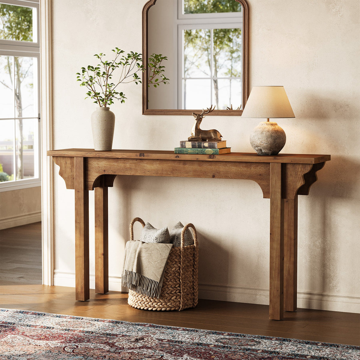 63-Inch Solid Wood Console Table with Unique Side Design, Farmhouse Narrow Sofa Table for Entryway