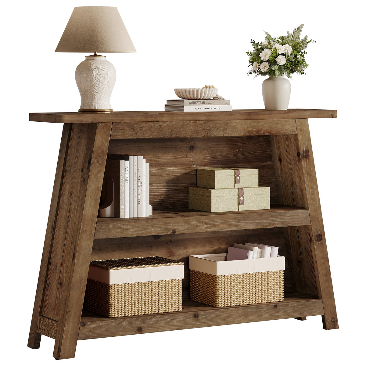 47.24-Inch Solid Wood Console Table, Farmhouse Entryway Table with 3-Tier Shelves