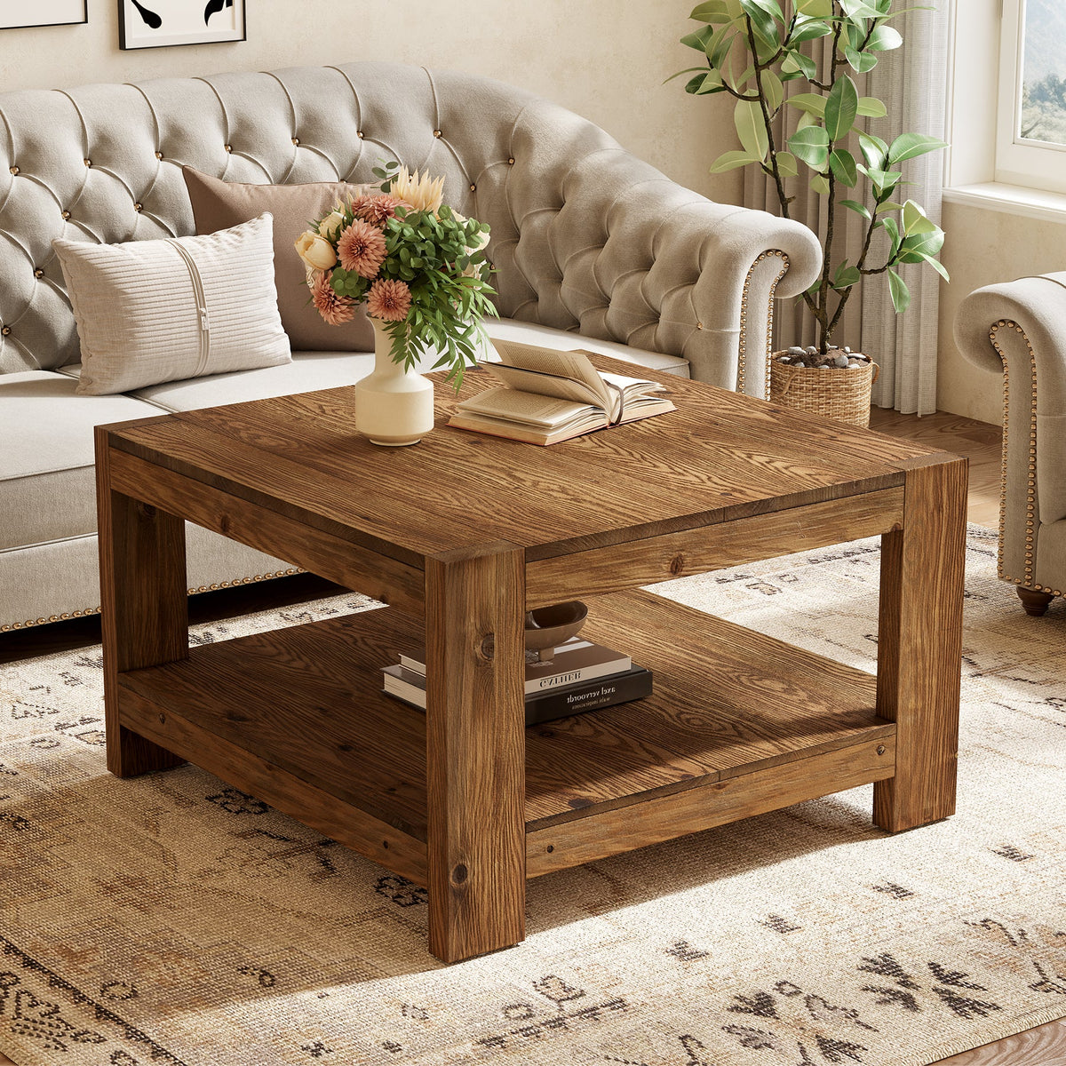 31.5-Inch Square Farmhouse Coffee Table with Storage Shelf, Solid Wood Center Table for Living Room