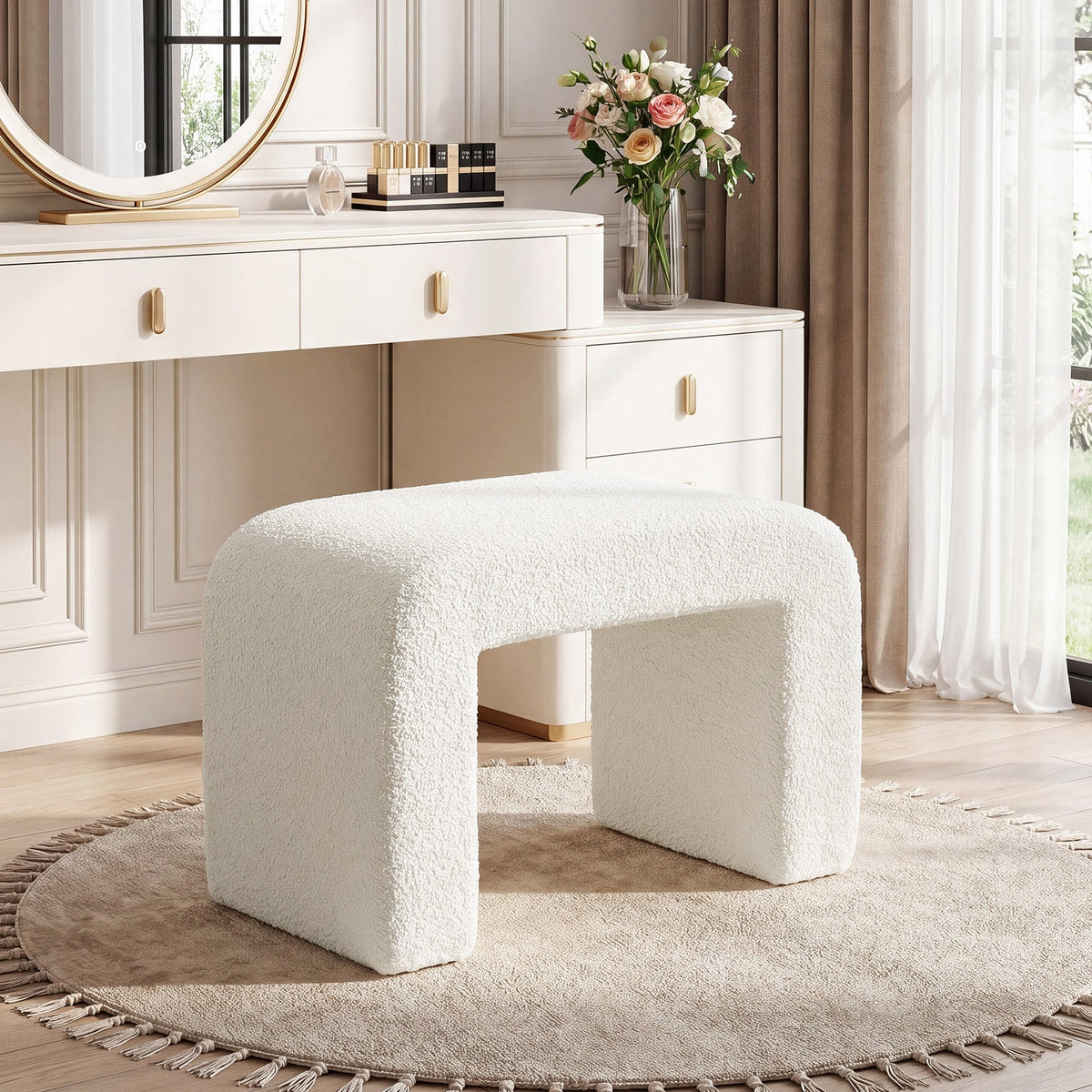 23.62-Inch Modern Vanity Stool with Faux Cashmere Upholstery, Arched Ottoman Footstool