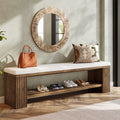 63 Inch Solid Wood Bench with Removable Faux Lambswool Cushion, Farmhouse End of Bed Seat