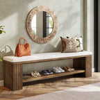 63 Inch Solid Wood Bench with Removable Faux Lambswool Cushion, Farmhouse End of Bed Seat