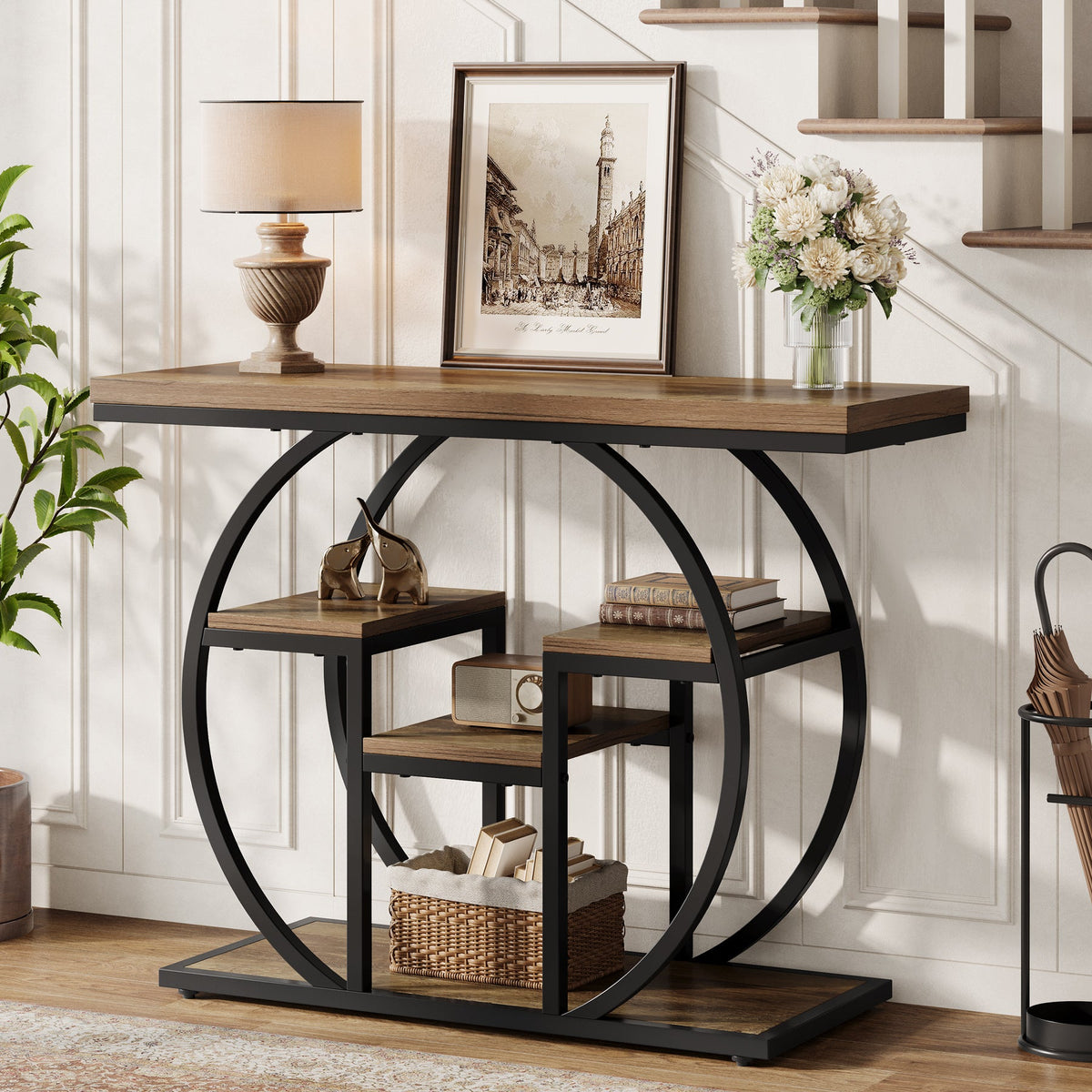 41 Inch Industrial Console Table with Storage, 4 Tier Narrow Sofa Table for Entryway Living Room