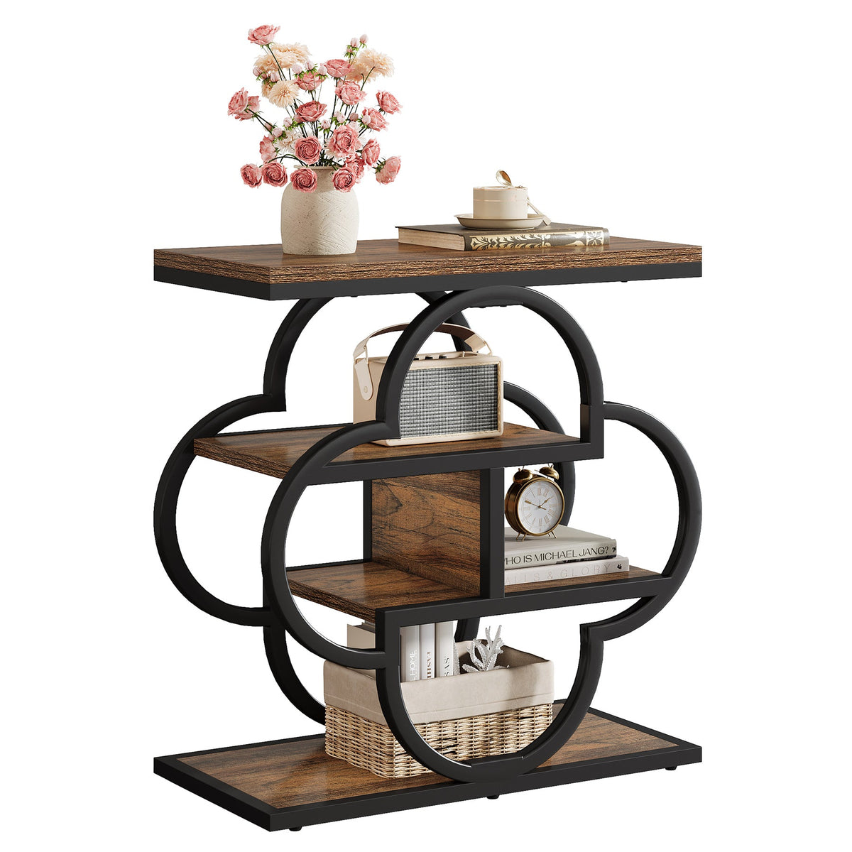 4-Tier Narrow Side Table with Curved Metal Frame and Storage Shelves