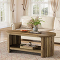 47.24-Inch Oval Coffee Table with 2-Tier Storage Shelf and Dual Base, Farmhouse Accent Center Table