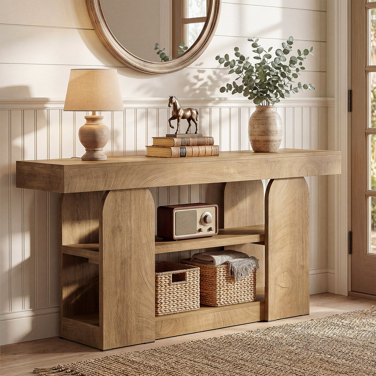 63-Inch Farmhouse Console Table with 3-Tier Storage Shelves, Long Narrow Entryway Table for Living Room and Hallway