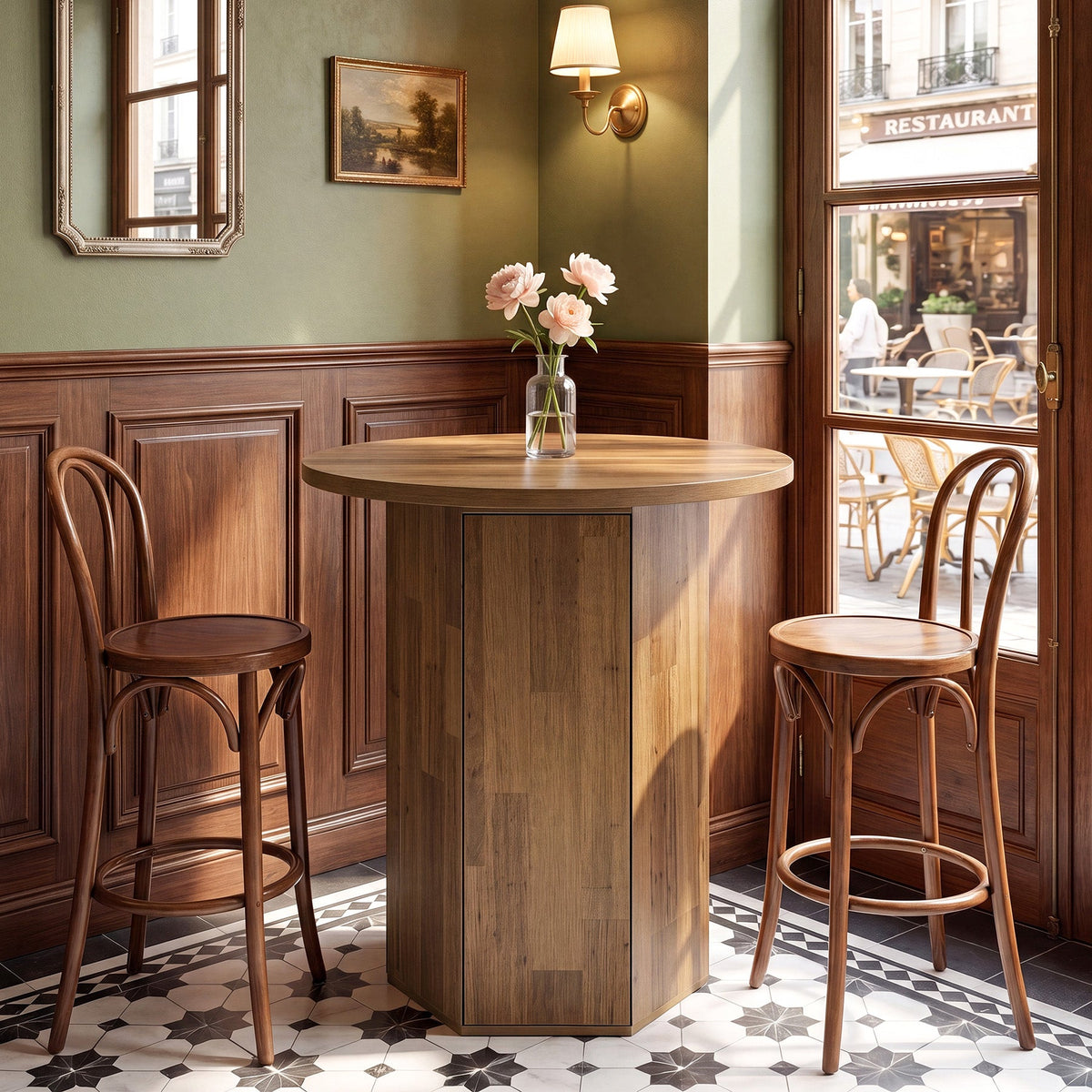 31.5-Inch Round Bar Table, Wood Pub Table with 2-Tier Hidden Storage for Home Bar