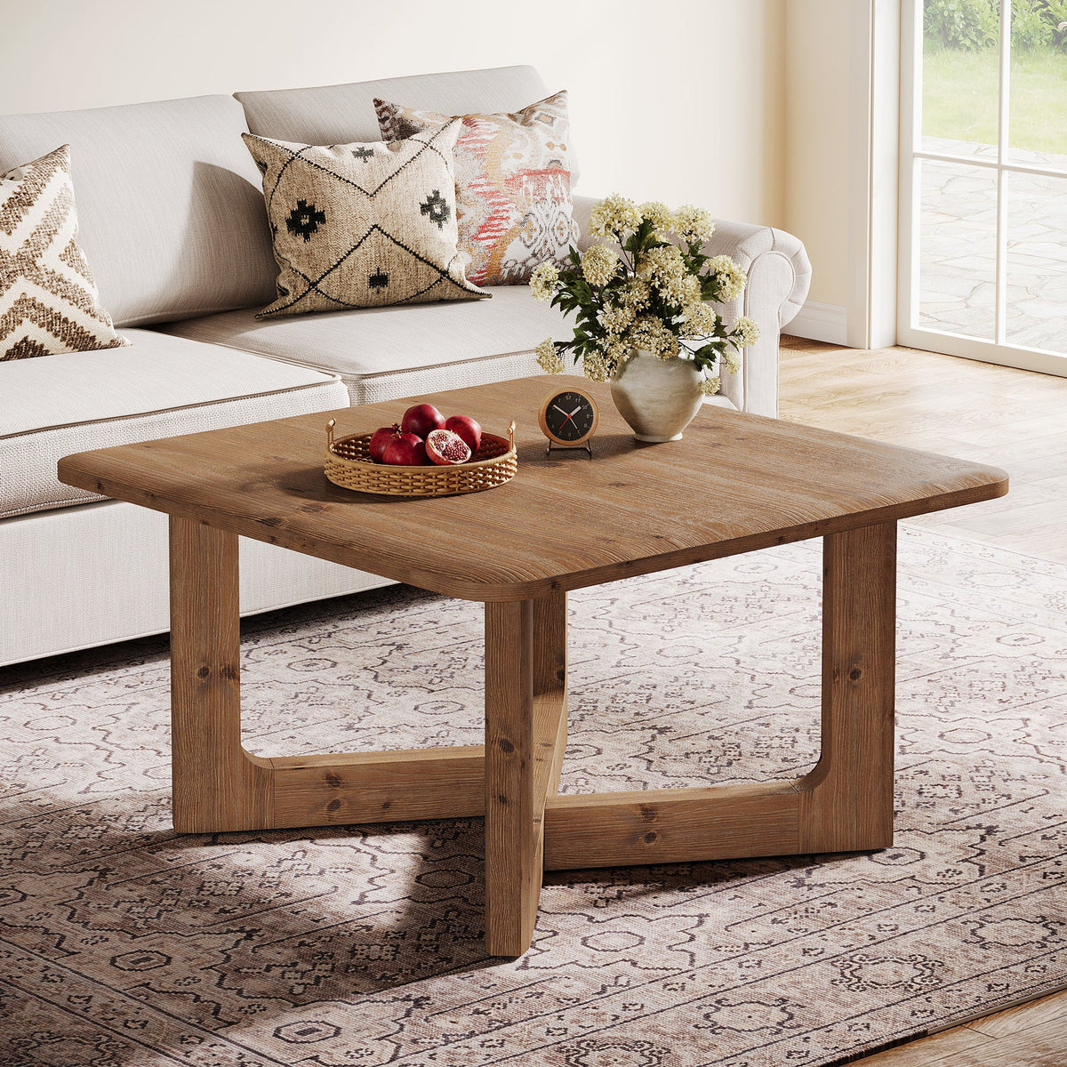 31.5 Inch Square Solid Wood Coffee Table, Farmhouse Living Room Table with Sturdy Base