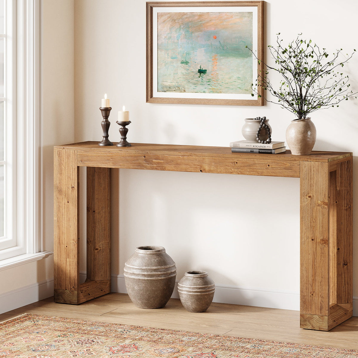 63-Inch Farmhouse Console Table with Reinforced Base, Solid Wood Sofa Table for Entryway Study and Living Room