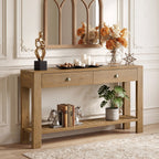 55.12 Inch Solid Fir Wood Console Table with 2 Drawers, Narrow Hallway Table with Shelf