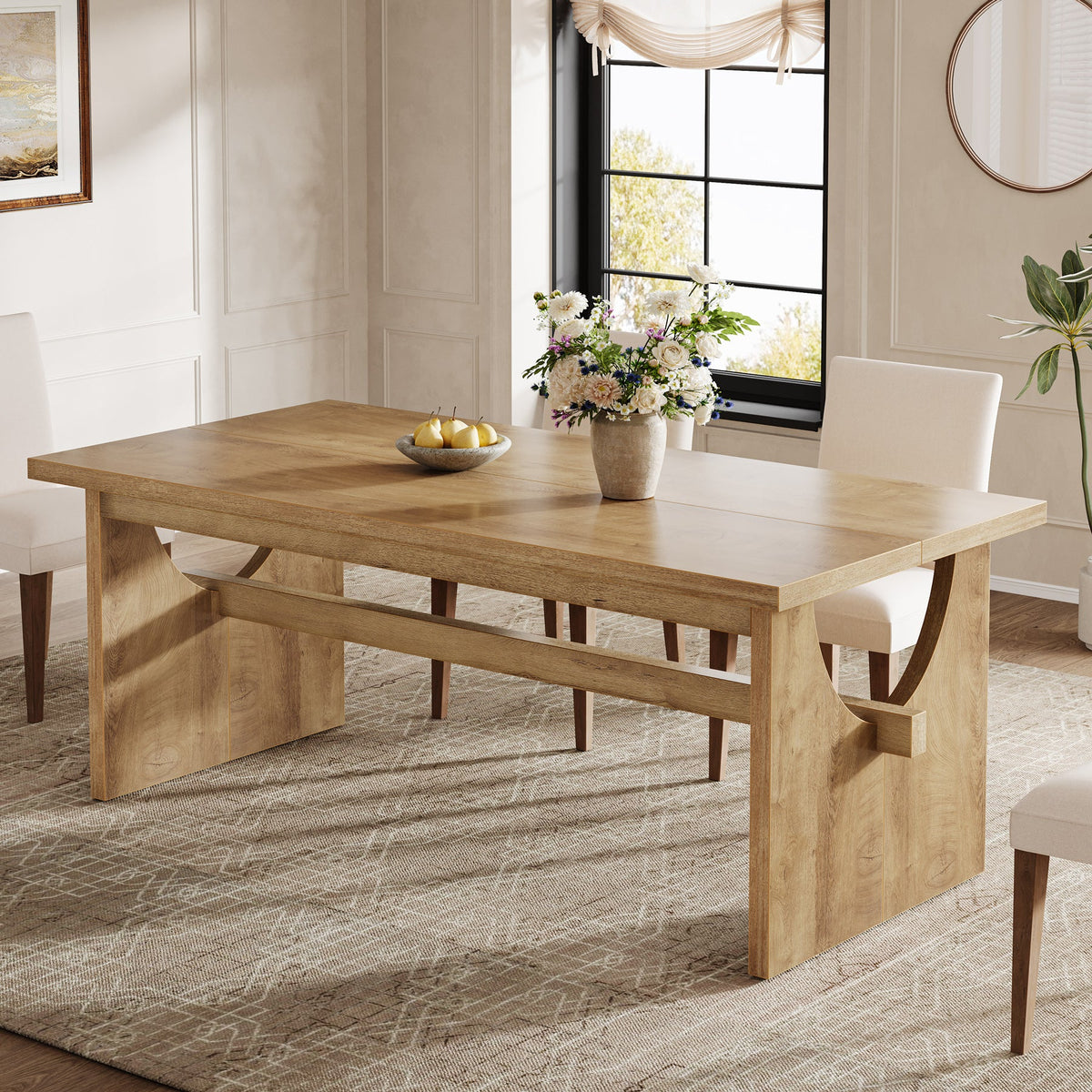 63-Inch Farmhouse Dining Table for 4 to 6 People with Heavy Duty Double Base
