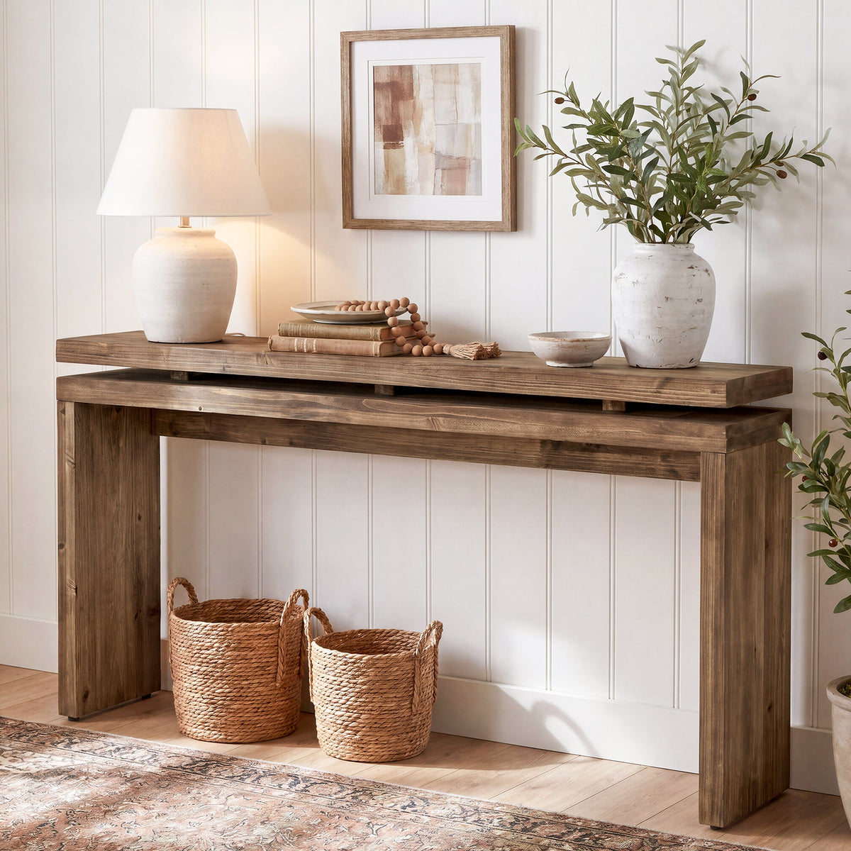 63-Inch Solid Wood Console Table with Double-Layer Top, Farmhouse Sofa Table for Entryway Hallway and Behind Couch