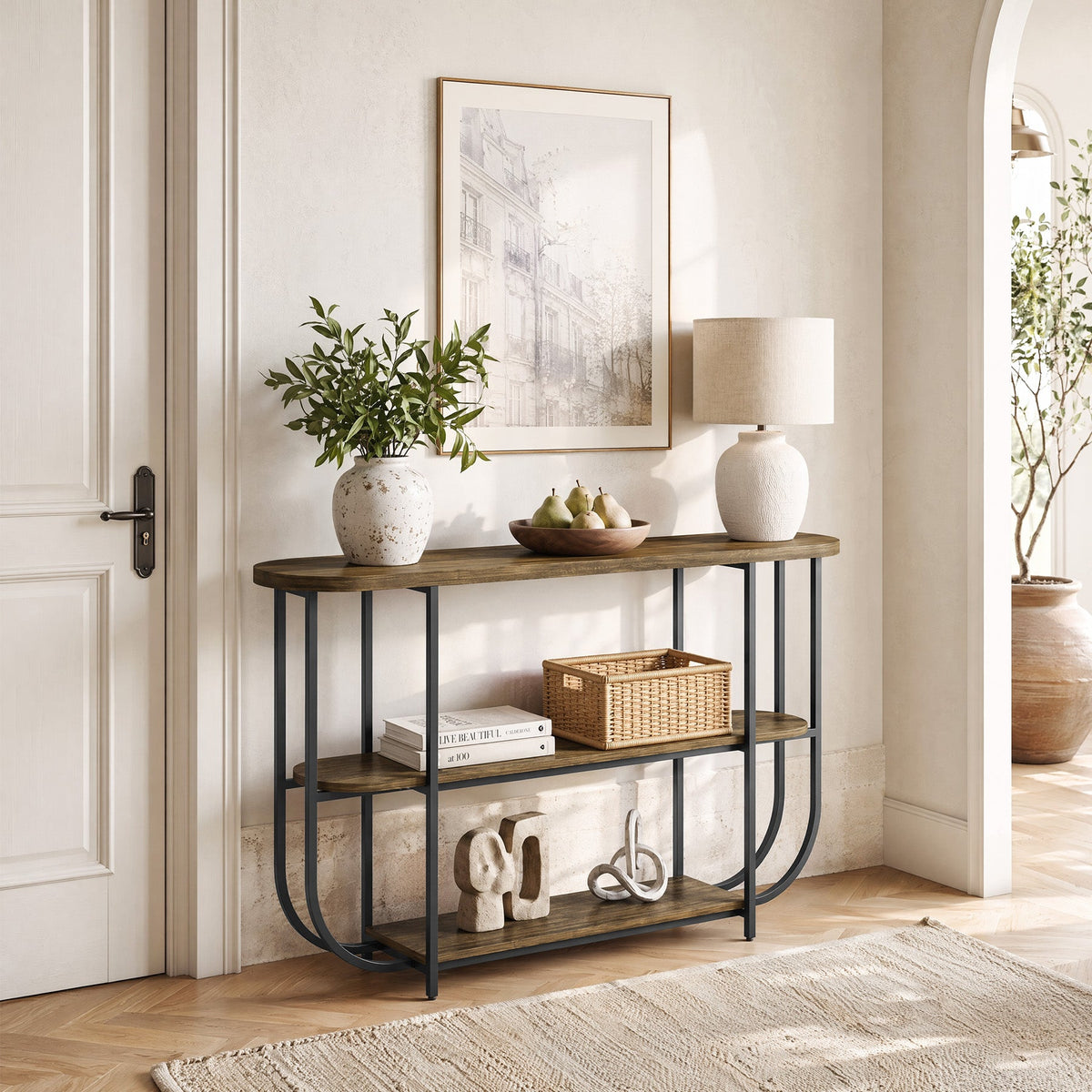 63-Inch 3-Tier Narrow Console Table with Curved Metal Frame, Modern Vintage Entryway Sofa Table for Living Room