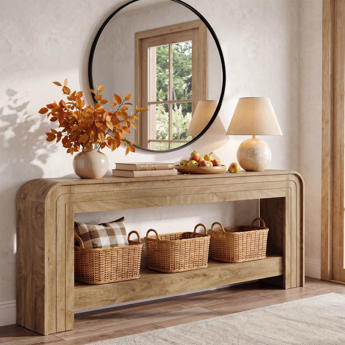 78.74 Inch Farmhouse Console Table with Open Storage Shelf and Curved Edges, Slim Entryway Sofa Table for Hallway