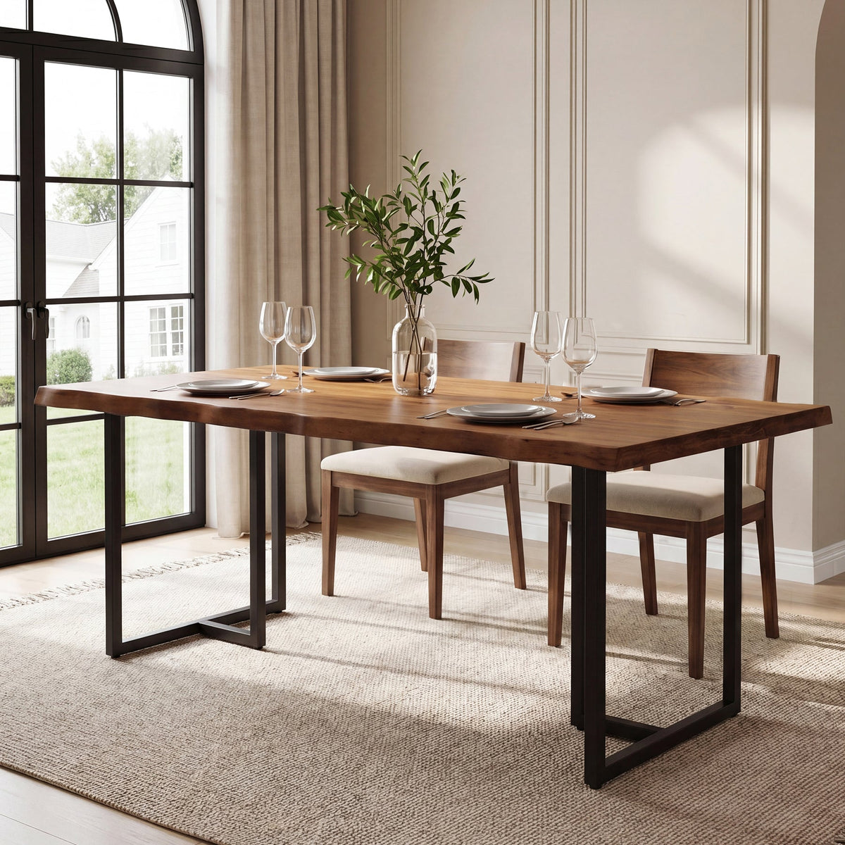 63-Inch Solid Wood Dining Table with Live-Edge Inspired Top and Metal U-Frame, Industrial Kitchen Table for 4-6 People