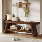 47-Inch 2-Tier Wooden Storage Bench, Open Shelving Hallway Seat with Solid Fir Frame for Living Room