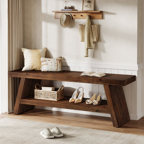 47-Inch 2-Tier Wooden Storage Bench, Open Shelving Hallway Seat with Solid Fir Frame for Living Room