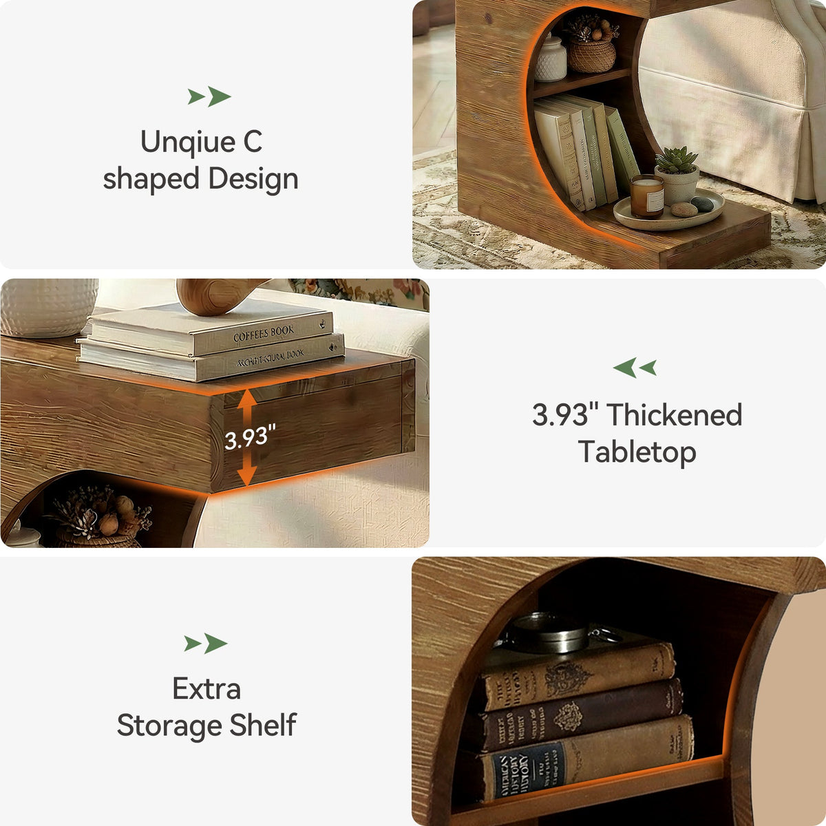 11.8-Inch Wide Solid Wood C-Shaped Side Table with 2-Tier Storage Shelf