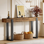 63-Inch Solid Wood Sofa Table with Metal Support, Narrow Console Table for Behind Couch