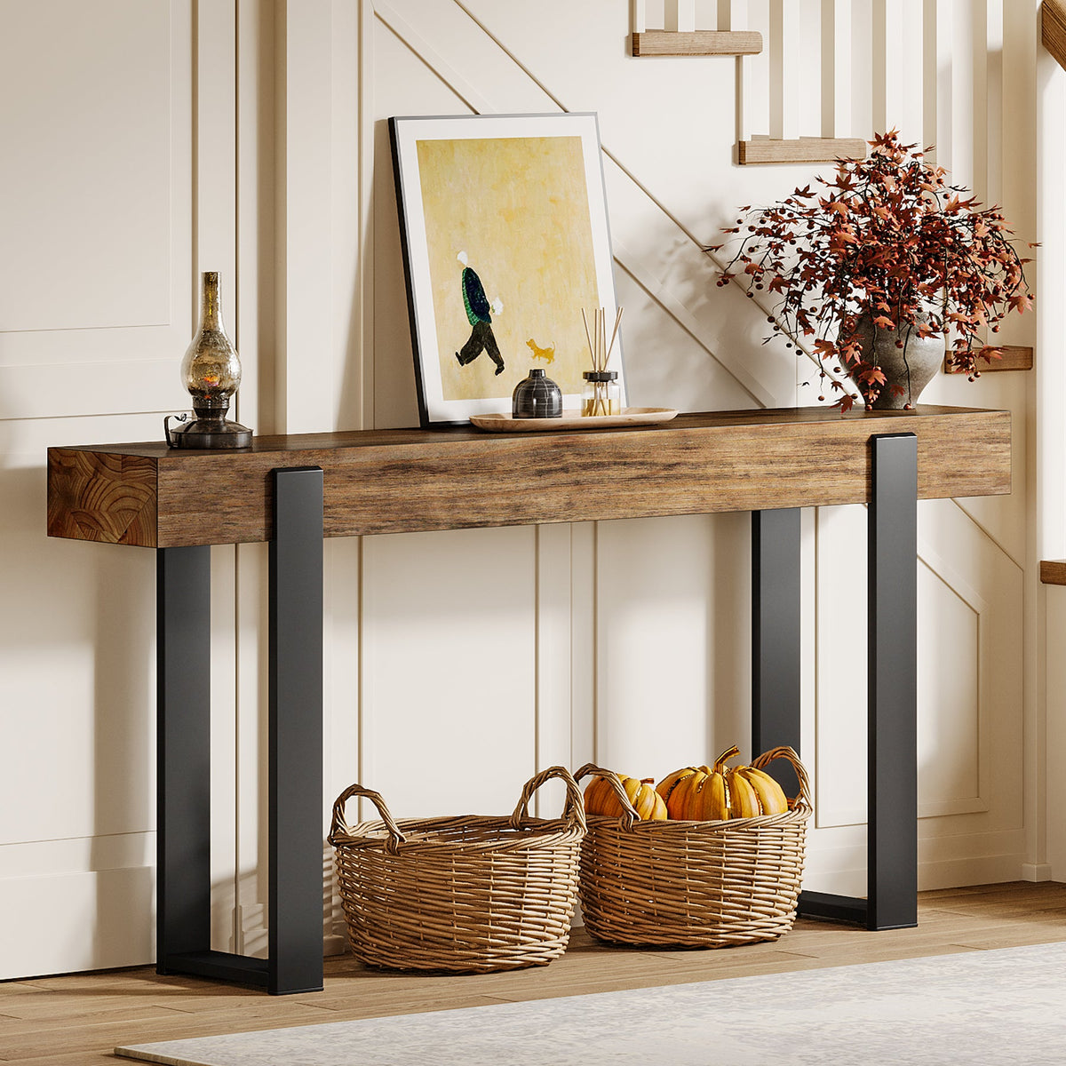 63-Inch Solid Wood Sofa Table with Metal Support, Narrow Console Table for Behind Couch