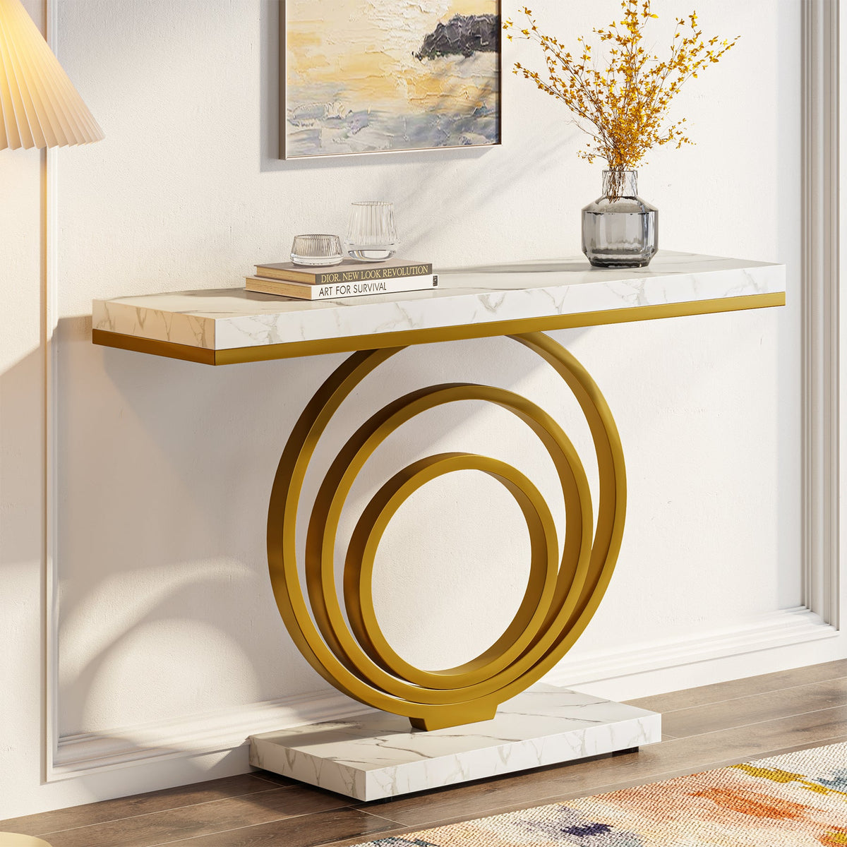 41.3-Inch Gold Console Table, Narrow Entryway Table with Faux Marble Veneer Top and Geometric Metal Frame for Hallway