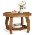 31.5-Inch Solid Wood Round Coffee Table, 2-Tier Center Table with Mosaic Pattern and Storage