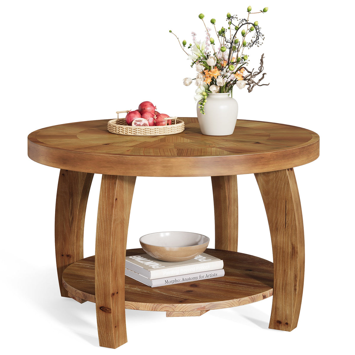 31.5-Inch Solid Wood Round Coffee Table, 2-Tier Center Table with Mosaic Pattern and Storage