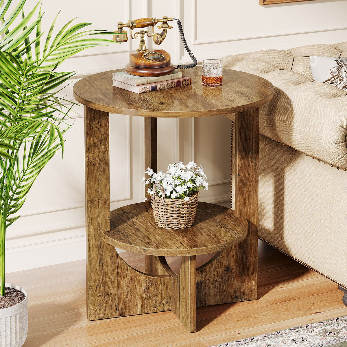 19.68-Inch Round End Table with Storage, 2-Tier Tall Side Table for Living Room and Bedroom